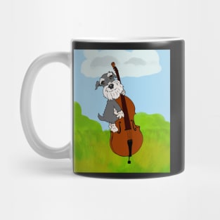 Miniature Schnauzer Funny Dog Playing Double Bass in a Field with Blue Sky Mug